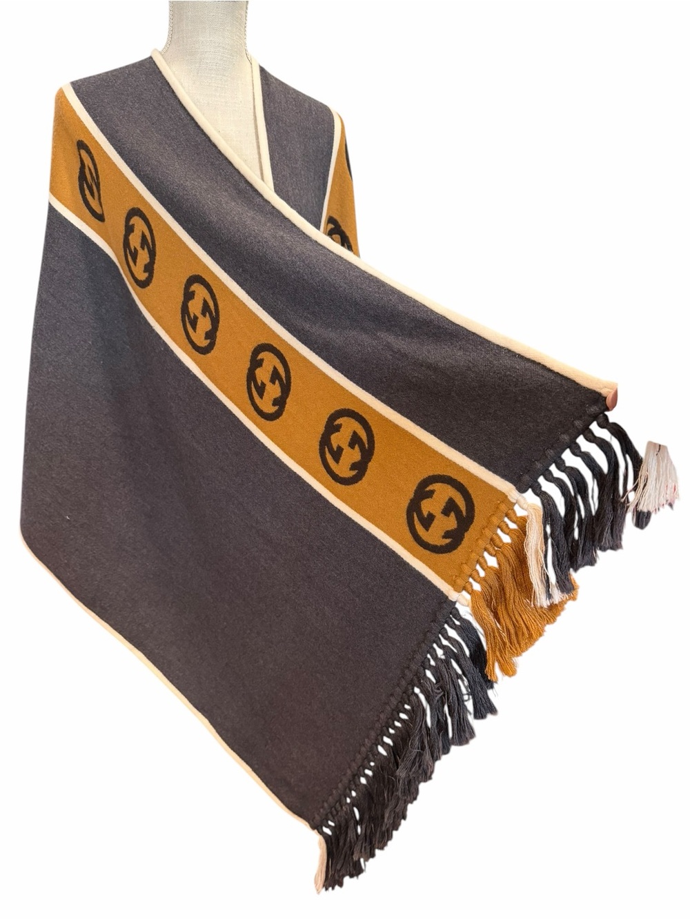 Gucci Slate & Camel Logo-Trim Open Front Poncho - Picture 5 of 12